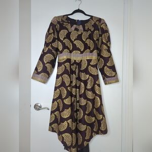 African Gold Wax Cotton Fabric lined Dress Size L Purple And Gold